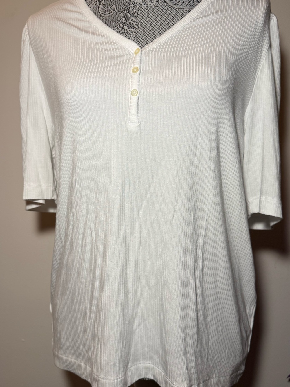 NEW Ann Taylor LOFT Pull Over Short Sleeve V-Neck White Ribbed Knit Top sz XL